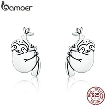 BAMOER Hot Sale 100% 925 Silver Lovely Sloth Animal Small Stud Earrings for Wome - £16.00 GBP