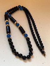 Long Black Round &amp; Barrel w Blue &amp; Goldtone Spacer Bead Necklace – 29 inches in - £8.88 GBP