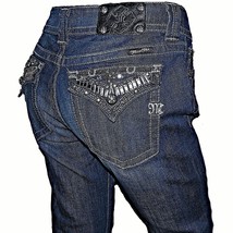 Miss Me Beaded Rhinestone Flap Pocket Blue Denim Skinny Jeans 31 x 36 JP4656-2BT - £78.84 GBP