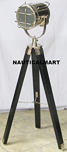 Collectable Nautical Searchlight Black Wooden Tripod Stand - Home Decor