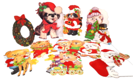 Lot 9 VTG Christmas Die Cut Cutout Decoration Velvet Puppy Snowman Carol... - $16.80