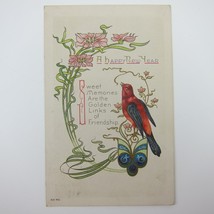Postcard New Year&#39;s Crimson Rosella Bird Red Blue Gold Embossed Antique 1910 - £19.57 GBP