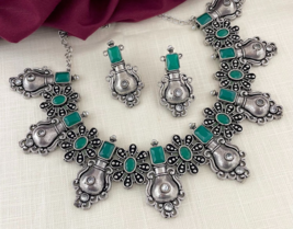 Bollywood Style German Silver Plated Indian Choker Necklace Emerald Jewelry Set - £30.62 GBP