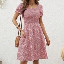 Ditsy Floral Print Coral Pink Square Neck Smocked Puff Sleeve Dress Size... - $26.99