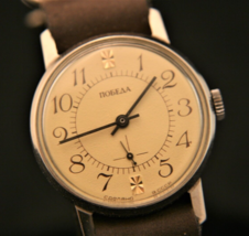 Restored Pobeda 1980&#39;S USSR, men&#39;s cal. 2602 serviced dress 15 jewel wristwatch - £105.09 GBP