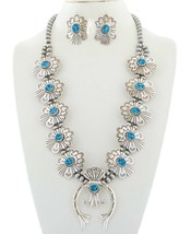Turquoise Squash Blossom Necklace Earrings Sterling Set By Navajo Tom Ahasteen - £1,949.97 GBP