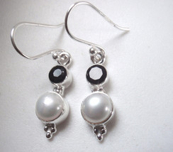 Faceted Black Onyx and Cultured Pearl 925 Sterling Silver Dangle Earrings - £11.54 GBP