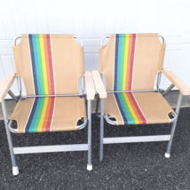2 Folding Fabric Beach Chairs Beige with Rainbow Stripes Pool Camp Lawn Patio - £41.67 GBP
