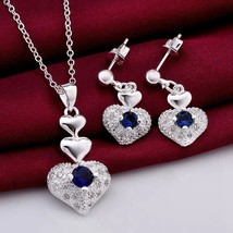 Hot Noble blue crystal heart 925 sterling Silver pendant necklace earring Jewelr - £10.32 GBP