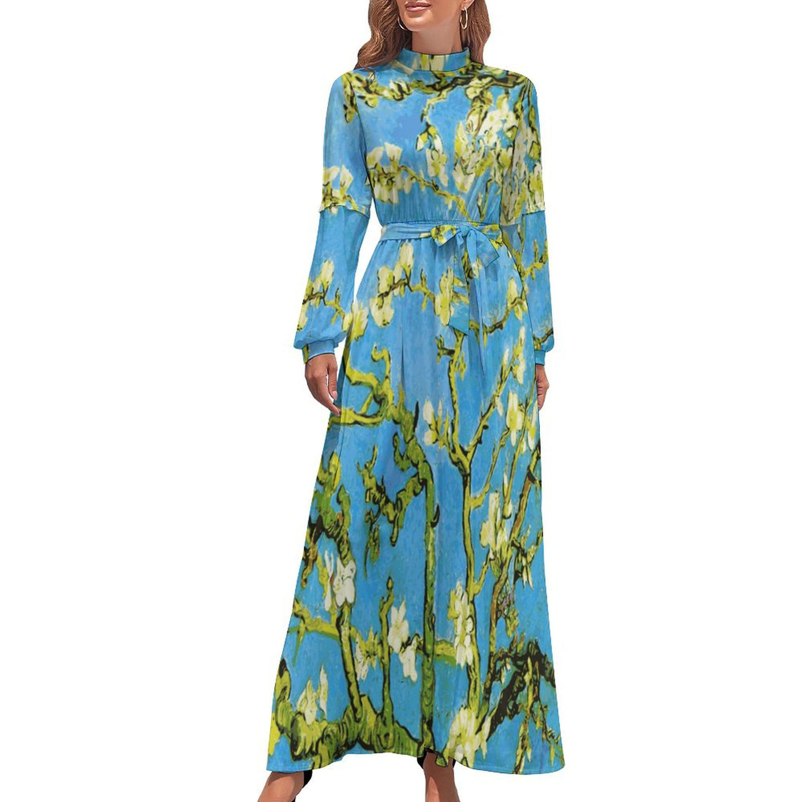 Woman Van Gogh Almond Blossom Long Sleeve High Neck Long Dress (Size XS to XL)