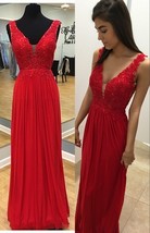 V Neck Long Red Chiffon Prom Dress Lace Appliques Women Evening Dress - £109.48 GBP
