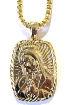 14K Gold Plated Heavy Gold Prayer Mary Pendant + 36" Box Link Chain Necklace - $13.85