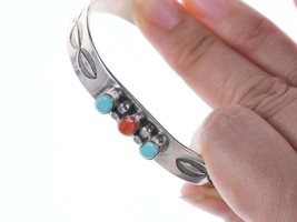 Vintage W Long Navajo Silver turquoise and coral bracelet - £130.99 GBP