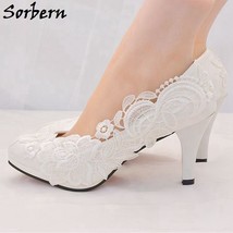 White Wedding Shoes Lace Flowers Appliques Women Heels Pumps Shoes Size 9 Stilet - £61.40 GBP