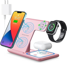 3 in 1 Foldable Wireless Charging Station | Gadgets Charging Station | Pink - £39.03 GBP