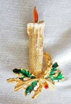 Festive Enamel Gold-tone Christmas Brooch Candle 1970s vintage  2&quot; - £10.16 GBP