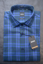 HUGO BOSS Homme Hank Kent Slim Fit Bleu Foncé Carreaux Coton Robe Chemis... - $64.14