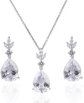 Womens Rhodium Plated CZ Pear Shaped Teardrop Wedding Set Necklace and Earrings - £81.60 GBP
