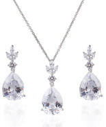 Womens Rhodium Plated CZ Pear Shaped Teardrop Wedding Set Necklace and E... - £79.79 GBP