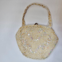 Walborg Hand Beaded &amp; Sequin Bag Made in &#39;Belgium Ivory Cream Purse Vtg AS IS - £8.19 GBP