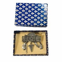 Vintage J.J. Hospital Silver Tone Dangle Charms Pewter Brooch w/Orig Box - £34.34 GBP