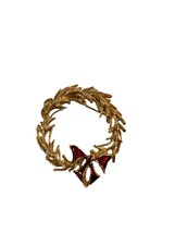 Vintage Christmas Wreath Brooch Pin Gold Tone Red Enamel 1.75&quot; X 2&quot; - $11.88