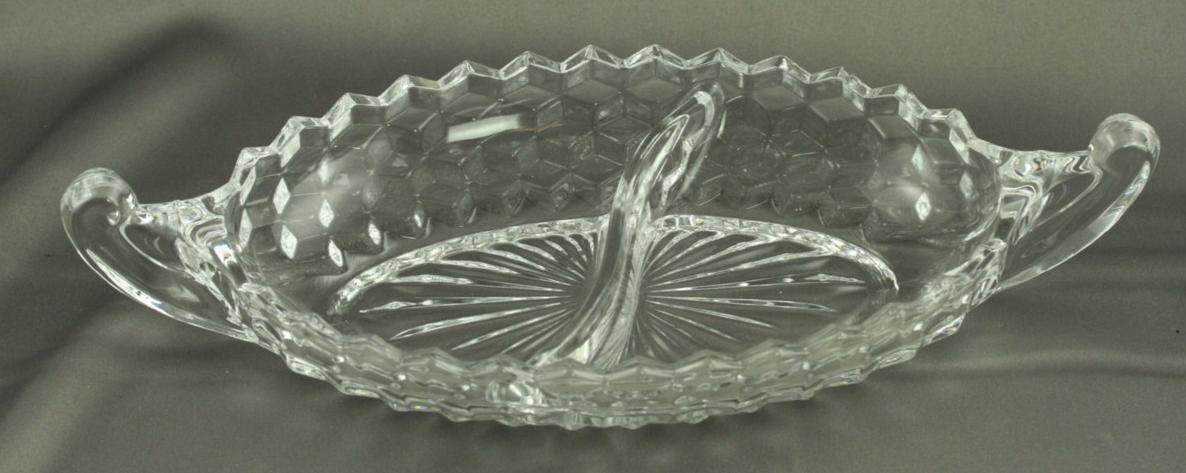 Primary image for Vintage Crystal Fostoria American Glass 12" Two Sectional Relish Serving Boat