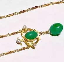 14k Victorian Fine Chrysoprase seed pearl diamond Muff Watch Chain type chain - £1,388.65 GBP