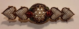 1928 Brand  Pin Brooch Heart Shape Enamel Roses Leaves Faux Pearls 2 3/4&quot; Wide - £19.61 GBP