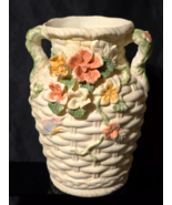 Vintage 7.75&quot; Ceramic Basketweave Vase Jug With Applied Flowers - Unknow... - $14.98