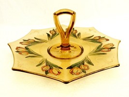 Amber Glass Serving Tray with Handle, 8-Sided Web Shape, Tulip Pattern, Gilded - £23.46 GBP