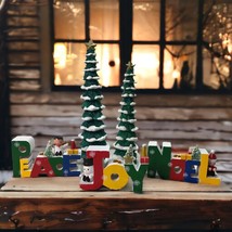 Vtg Giftco Words Of Christmas Wooden Candle Holders &amp; Ceramic Hand Painted Trees - £16.64 GBP