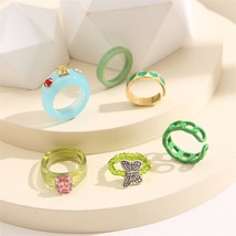 Green Enamel &amp; Resin Two Tone Butterfly Beaded Stretch Ring Set - £11.73 GBP