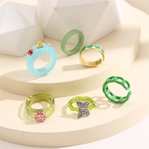 Green Enamel &amp; Resin Two Tone Butterfly Beaded Stretch Ring Set - £11.26 GBP