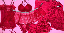 Victoria&#39;s Secret 34DD Bra Set+Garter SLIP/dress+skirt+ROBE Red Lace Shine Strap - £236.85 GBP