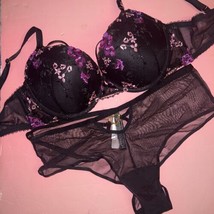 Victoria&#39;s Secret 38D Bra Set L,Xl Mesh Panty Purple Black Floral Embroidered - $89.09