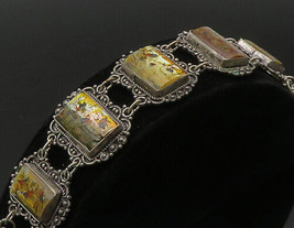 JERUSALEM 925 Silver - Vintage Mother Of Pearl Art Swirl Chain Bracelet - BT8705 - £120.45 GBP