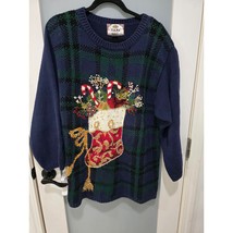 Tiara Blue Holiday Sweater Plaid Stocking Candy Cane Embroidery Sz 14/16 - $30.00