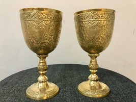 Set of 2 Goblet Brass Engraved Design Wine Cup Vintage Handmade Glass - £61.14 GBP
