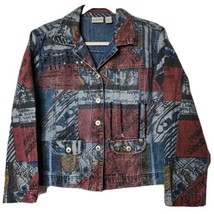 Chico&#39;s Small Denim Jean Jacket Size 0, 4 Graphic Sequined Stonewash Blue Multi - £13.94 GBP