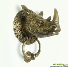 7.87&quot; Vintage Solid Brass Rhino African Animal Head Entry Door Knocker - $140.00