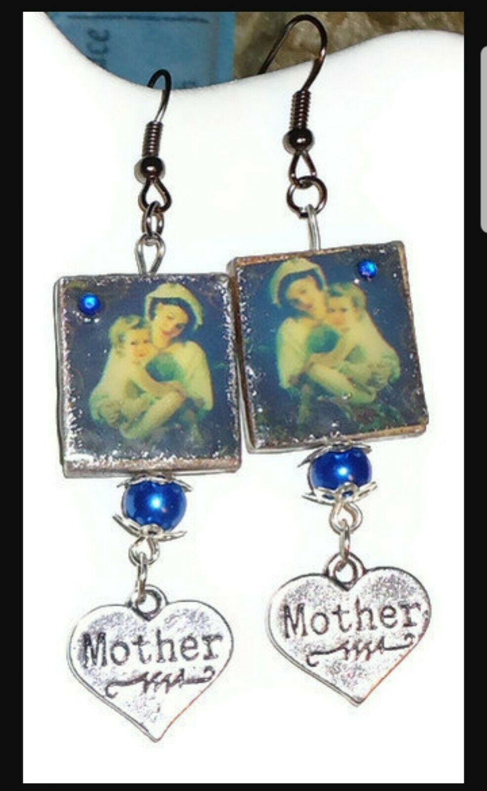 Primary image for Mothers Day or new mom-to-be - Beaded blue pearl MOTHER dangle...scrabble tile.
