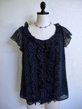 Ann Taylor Silky Chiffon Ruffle Top M Navy Blue White Polka Dots Flutter Sleeves - £14.15 GBP