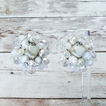 Vintage Clip On Earrings Large Faux Pearl, Clear &amp; Frosted Cluster - £10.38 GBP