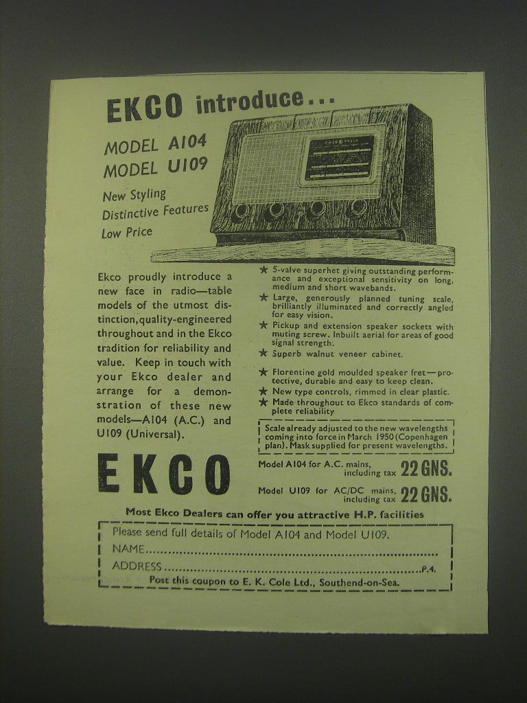 1949 Ekco Model A104 and U109 Radios Ad - Introduce - $18.49