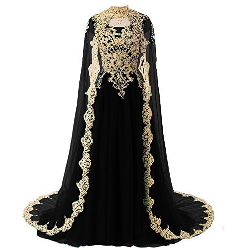 Plus Size Gold Lace Vintage Long Prom Dress Evening Gown with Cape Black US 20W