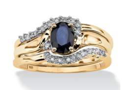 Oval Cut Midnight Sapphire 2 Gp Ring Set 18K Gold Sterling Silver 5 6 7 8 9 10 - $399.99