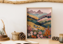 Abstract Mountain Wildflower Scenery Art Print | Colorful Mountain Scene... - £1.56 GBP