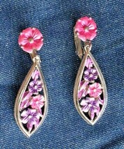 Park Lane Pink &amp; Purple Enamel Flower Drop Clip Earrings 1960s vintage 2&quot; - £9.80 GBP