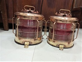 Old Vintage Marine Ship Brass Red Glass Nautical japanese Electric Lamp 2 Pcs - £430.27 GBP